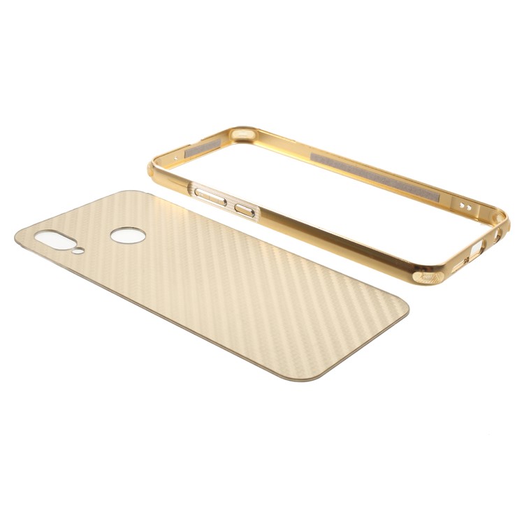 Slide-on Drop-proof Carbon Fibre PC Plate + Metal Bumper Combo Shell Case for Huawei P20 Lite / Nova 3e - Gold-5