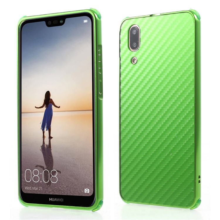 Slide-on Carbon Fiber PC Plate + Metal Bumper Hybrid Drop-proof Case for Huawei P20 - Green-1