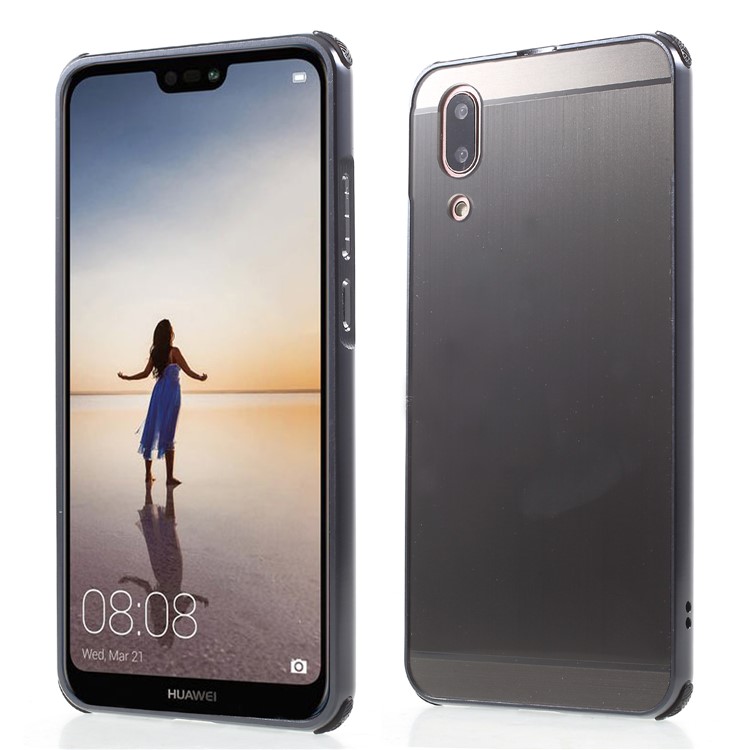 Plated Aluminum Alloy Bumper + Brushed PC Plate Drop-proof Back Case for Huawei P20 - Grey-1
