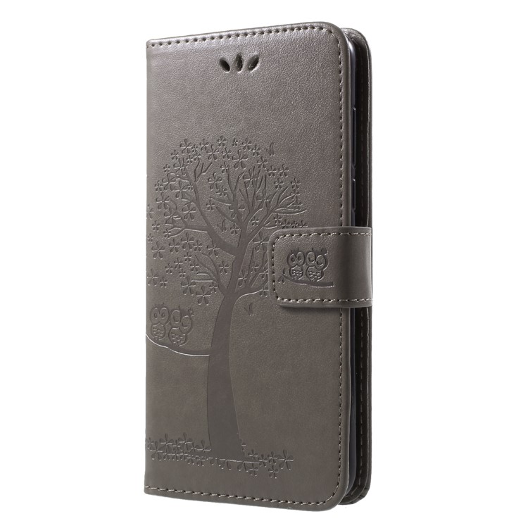 Imprint Tree Owl Pattern Wallet Stand Leather Cover for Huawei Enjoy 8/Honor 7C/Y7 Prime (2018) - Grey-3