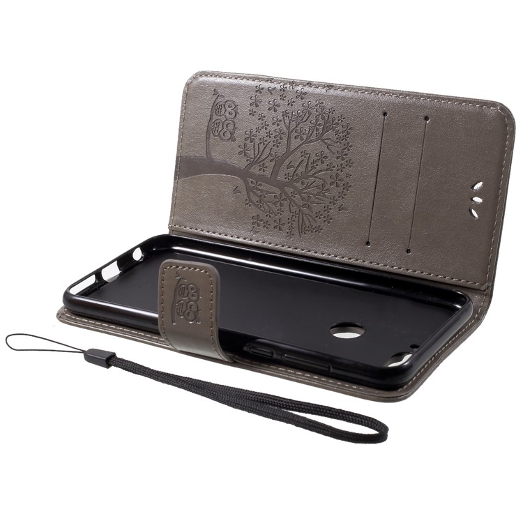 Imprint Tree Owl Pattern Wallet Stand Leather Cover for Huawei Enjoy 8/Honor 7C/Y7 Prime (2018) - Grey-5