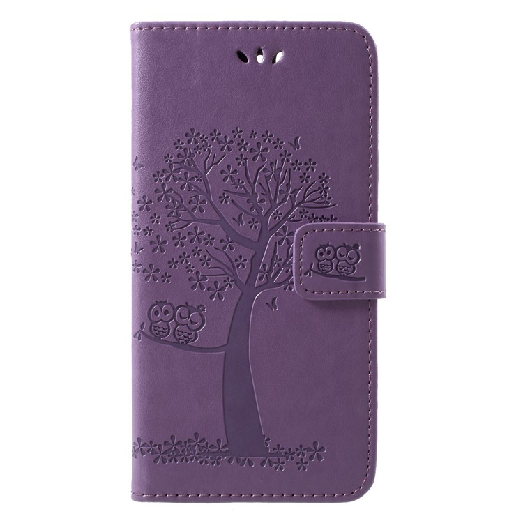 Imprint Tree Owl Pattern Wallet Stand Leather Protection Phone Cover for Huawei Enjoy 8/Honor 7C/Y7 Prime (2018) - Light Purple-1