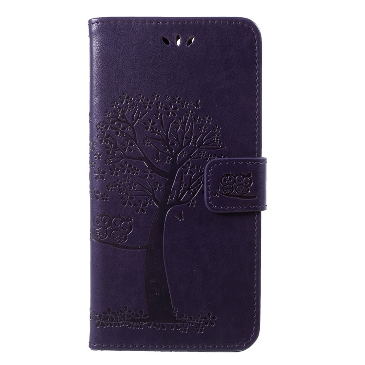 Imprint Tree Owl Pattern Wallet Stand Leather Cellphone Casing for Huawei Enjoy 8/Honor 7C/Y7 Prime (2018) - Dark Purple-1