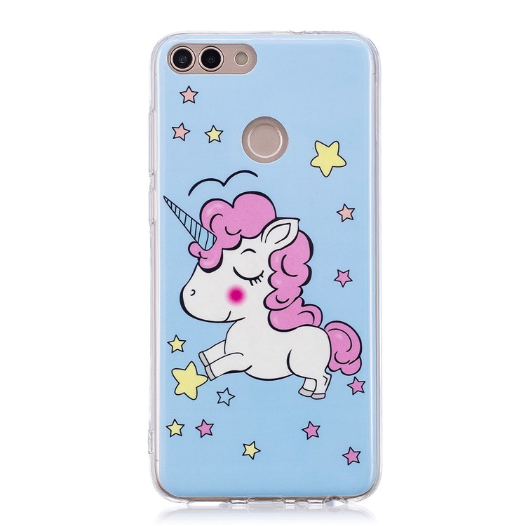 Patrón Luminoso IMD Impresión De La Caja Del Teléfono TPU Suave Para Huawei P Inteligente / Disfrutar 7S - Tímido Unicornio-1
