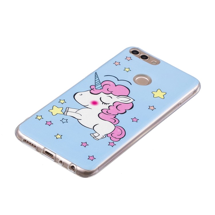 Patrón Luminoso IMD Impresión De La Caja Del Teléfono TPU Suave Para Huawei P Inteligente / Disfrutar 7S - Tímido Unicornio-2