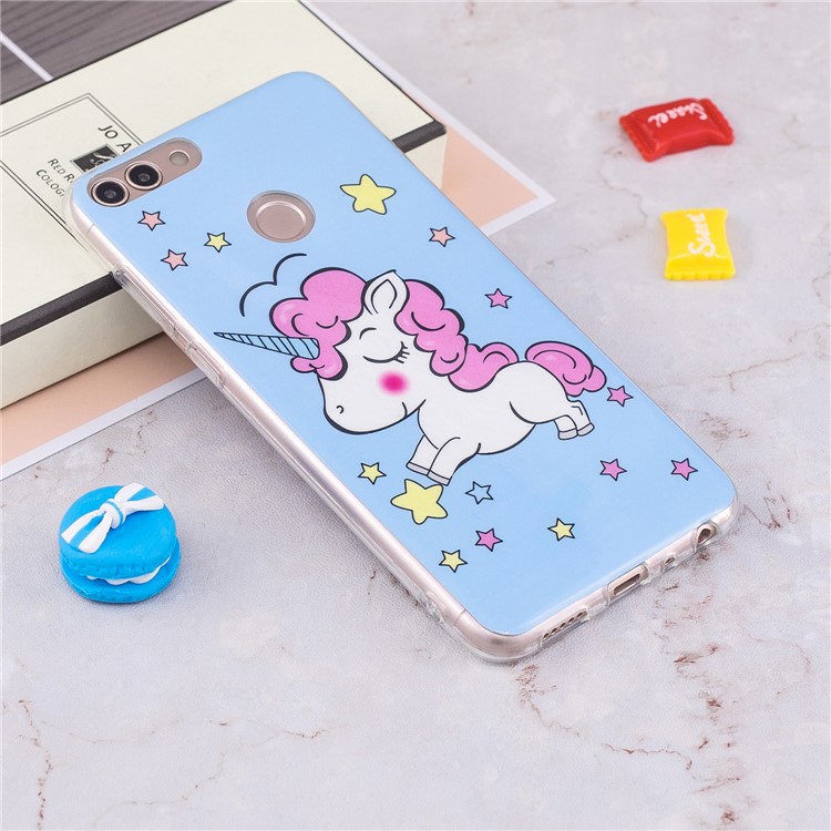 Patrón Luminoso IMD Impresión De La Caja Del Teléfono TPU Suave Para Huawei P Inteligente / Disfrutar 7S - Tímido Unicornio-4