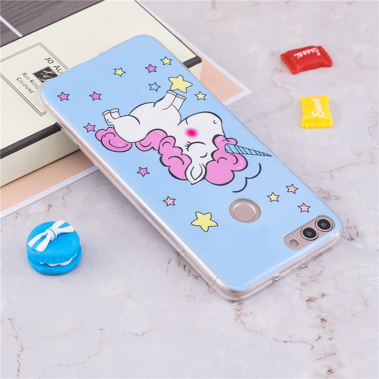 Patrón Luminoso IMD Impresión De La Caja Del Teléfono TPU Suave Para Huawei P Inteligente / Disfrutar 7S - Tímido Unicornio-5