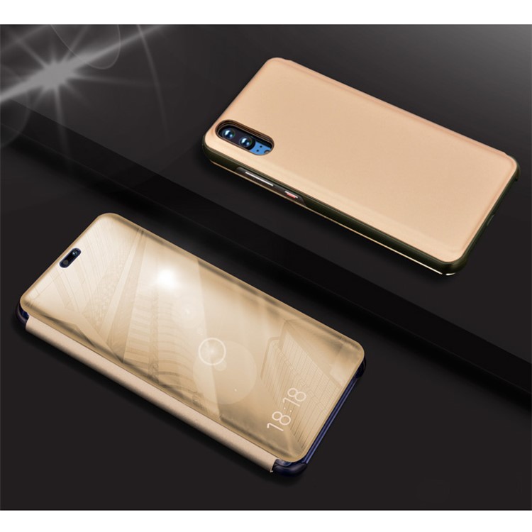 Vue De La Surface De La Surface Du Miroir De Galvanoplastie Coque En Cuir Pour Huawei P20 - Or