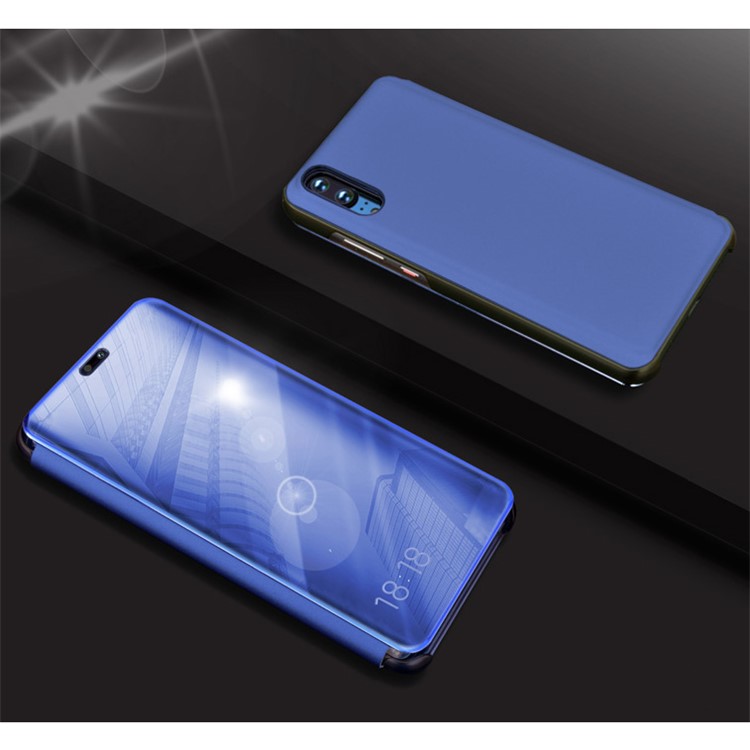 Electroplating Mirror Surface View Window Leather Phone Case for Huawei P20 - Blue-1
