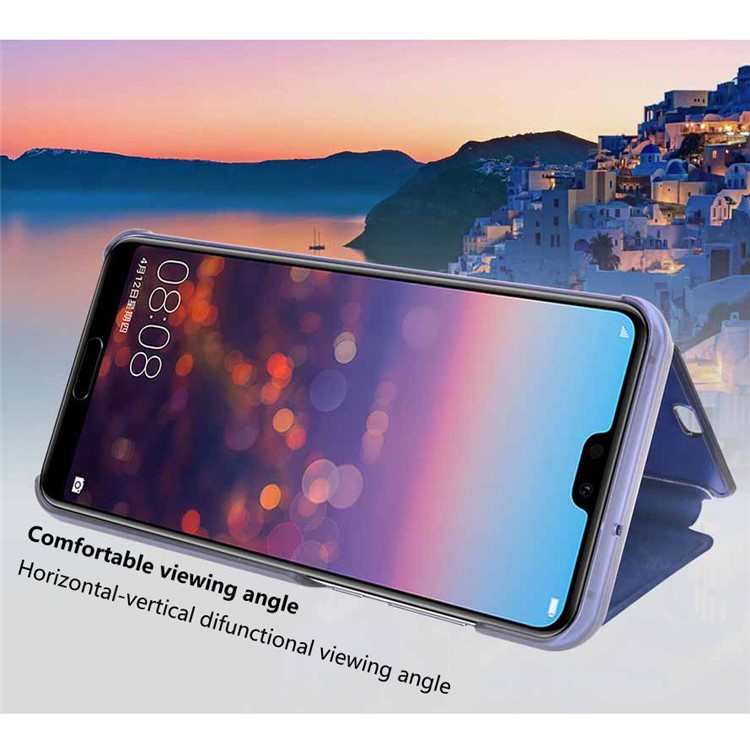 Electroplating Mirror Surface View Window Leather Phone Case for Huawei P20 - Blue-3