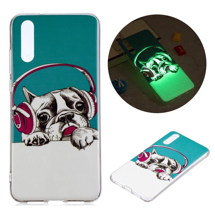 Luminous IMD Patterned Soft TPU Gel Cover for Huawei P20 - Dog Wearing Headphone-1