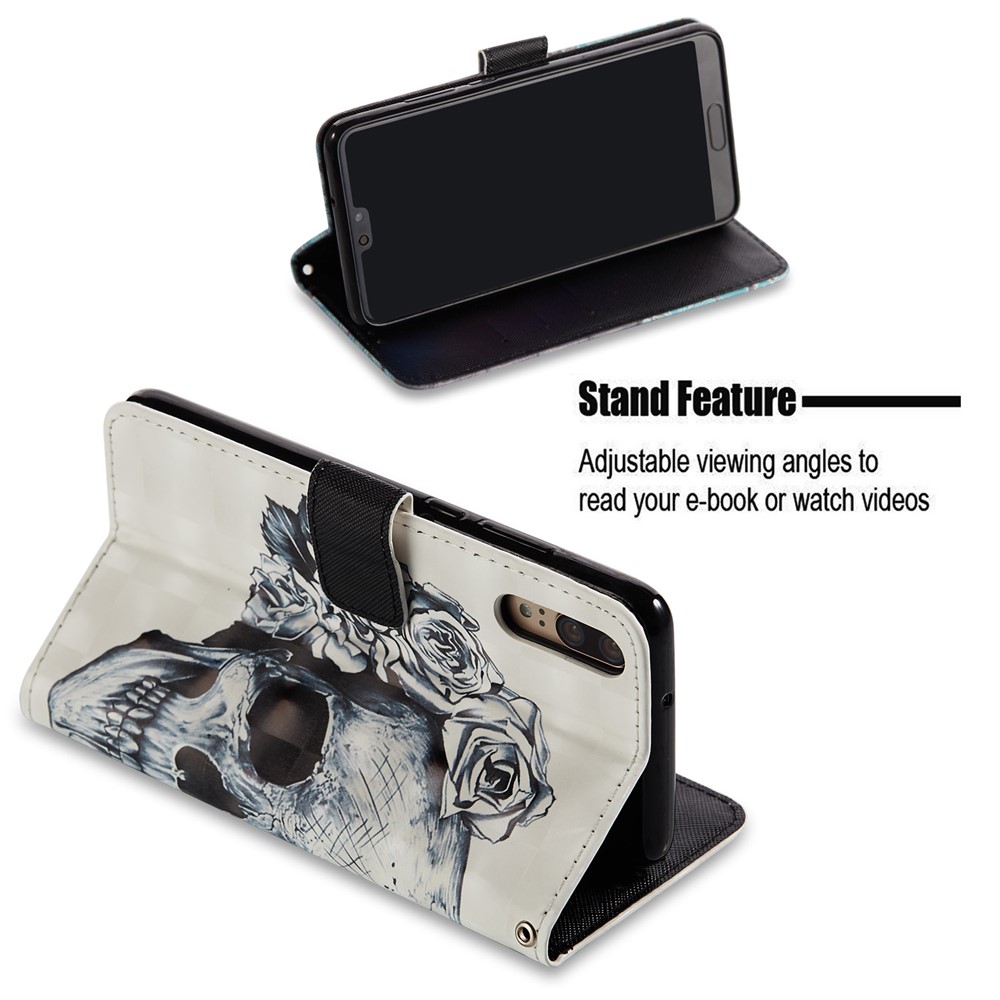 Pattern Printing Wallet Leather Stand Mobile Phone Case for Huawei P20 - Flowered Skull-3