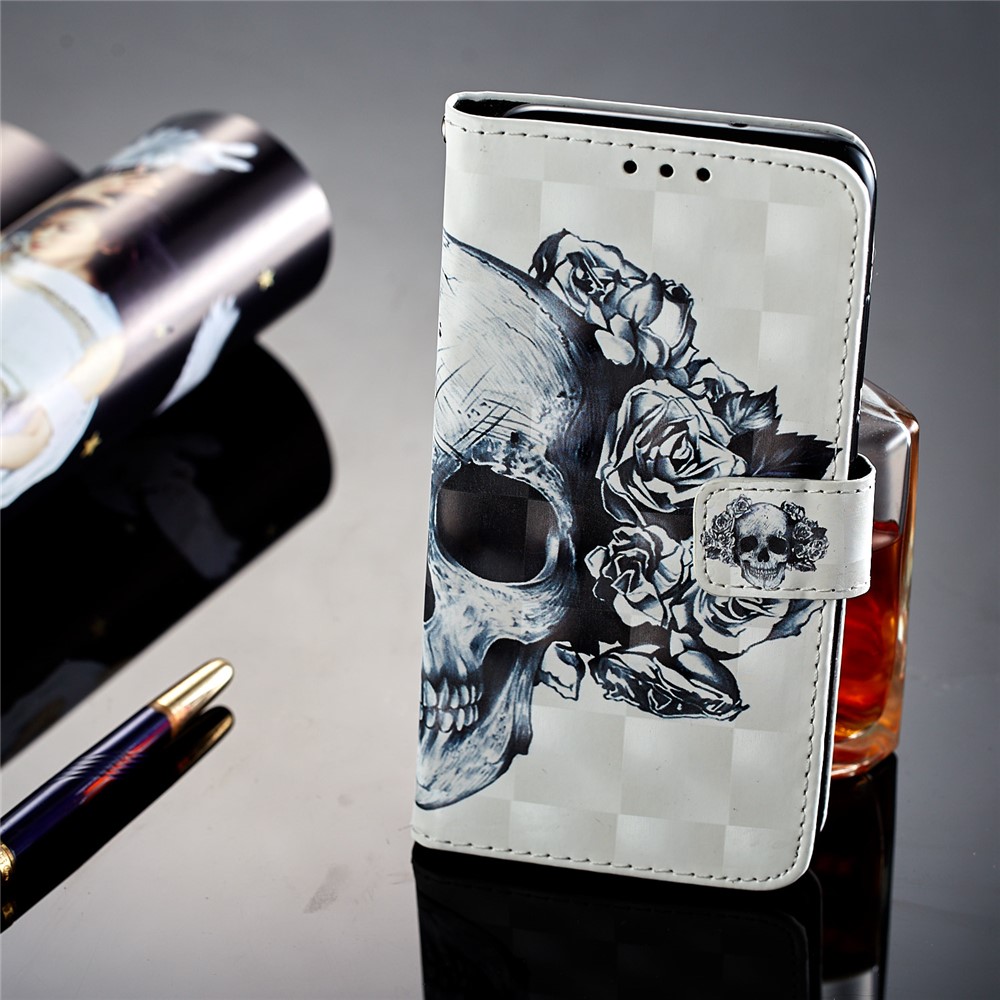 Pattern Printing Wallet Leather Stand Mobile Phone Case for Huawei P20 - Flowered Skull-7
