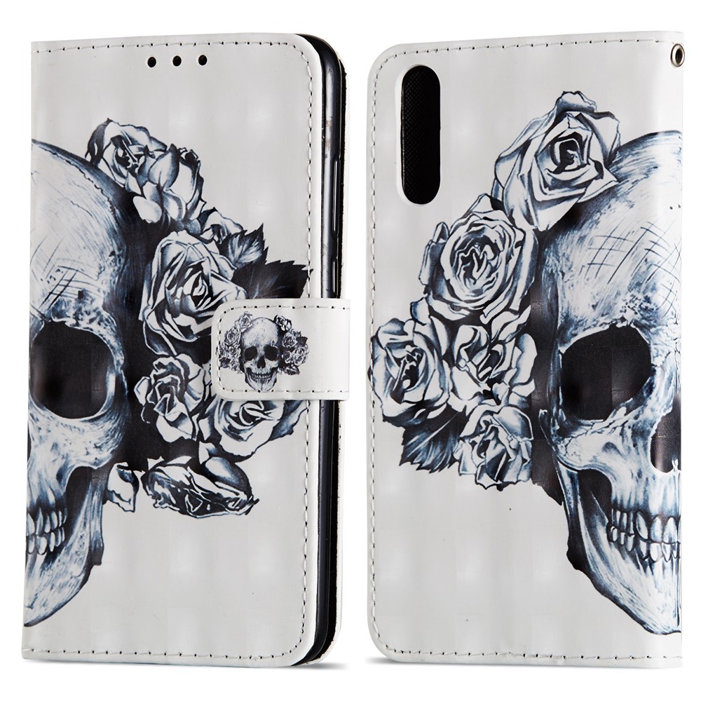 Pattern Printing Wallet Leather Stand Mobile Phone Case for Huawei P20 - Flowered Skull-8