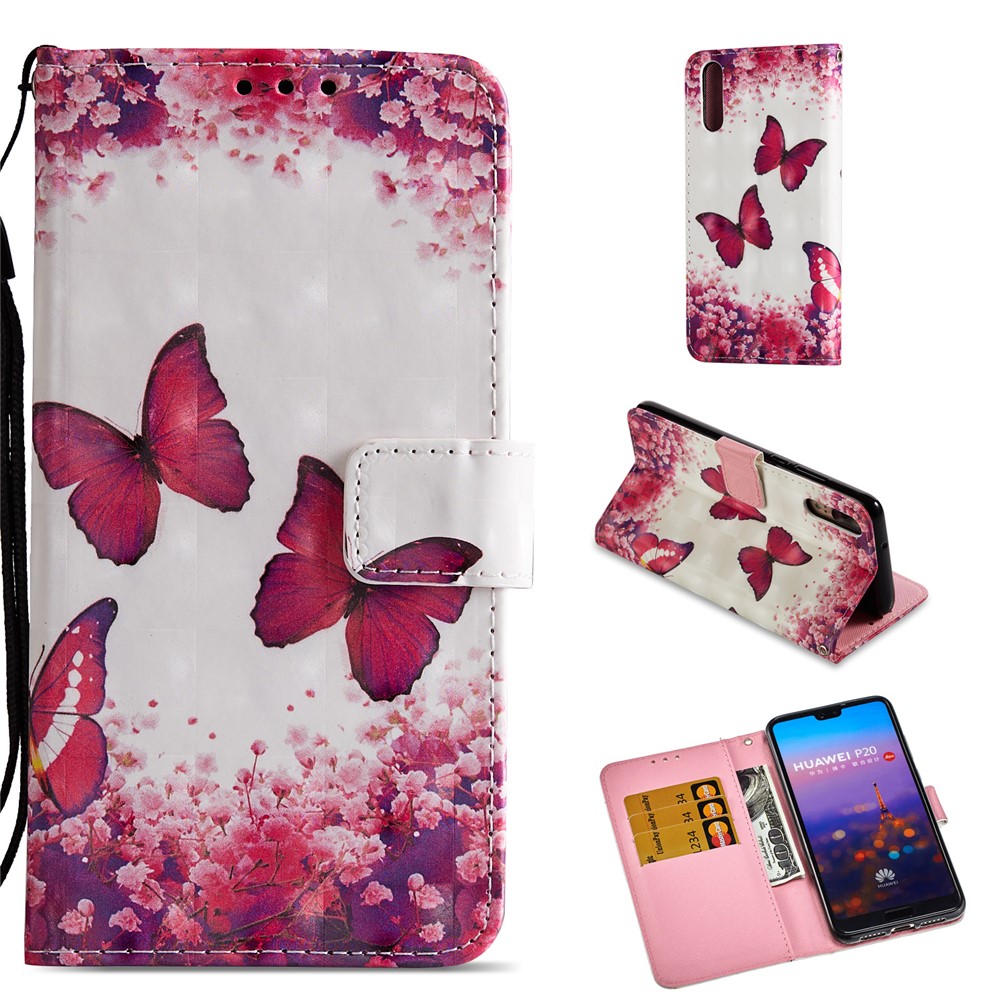 Pattern Printing Wallet Stand Leather Shell for Huawei P20 - Butterfly and Flower-1