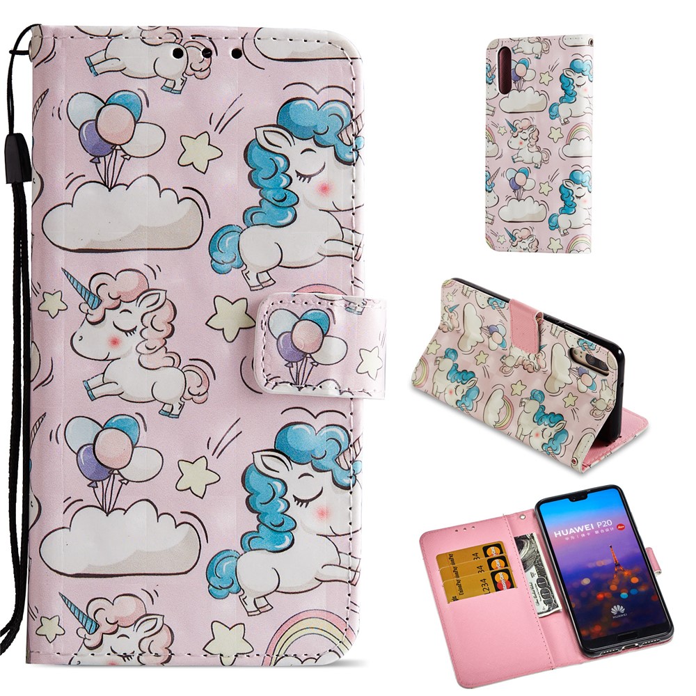 Pattern Printing Leather Wallet Stand Mobile Shell for Huawei P20 - Unicorn-1