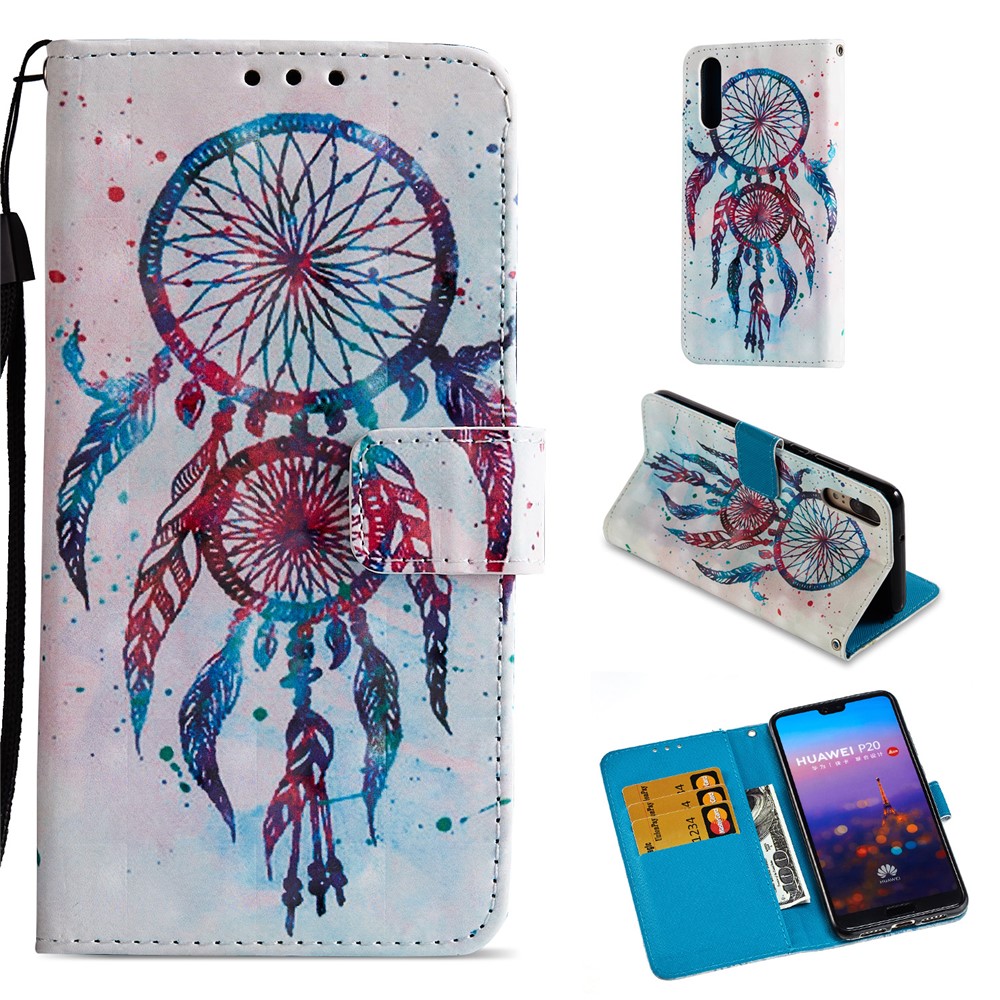 Pattern Printing Folio Flip Leather Wallet Case Cover Shell for Huawei P20 - Feather Dream Catcher-1