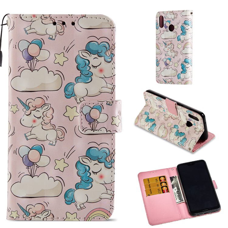 For Huawei P20 Lite / Nova 3e (China) Pattern Printing Leather Stand Magnetic Casing - Unicorn and Cloud-1