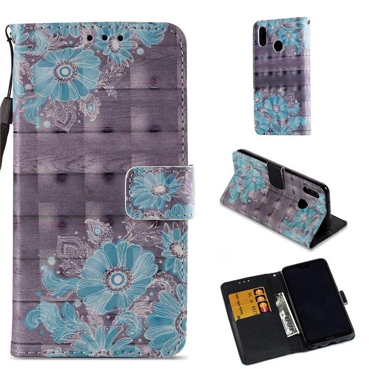For Huawei P20 Lite / Nova 3e (China) Pattern Printing Leather Stand Magnetic Casing Cover - Blue Flower-1