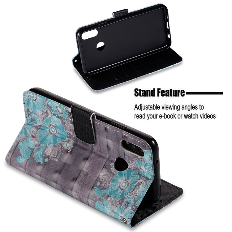 For Huawei P20 Lite / Nova 3e (China) Pattern Printing Leather Stand Magnetic Casing Cover - Blue Flower-3