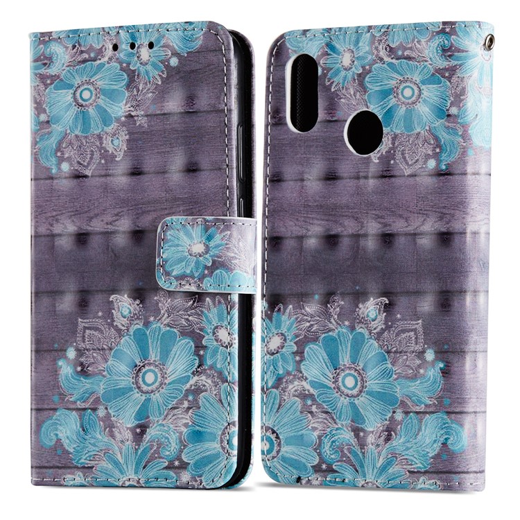 For Huawei P20 Lite / Nova 3e (China) Pattern Printing Leather Stand Magnetic Casing Cover - Blue Flower-8
