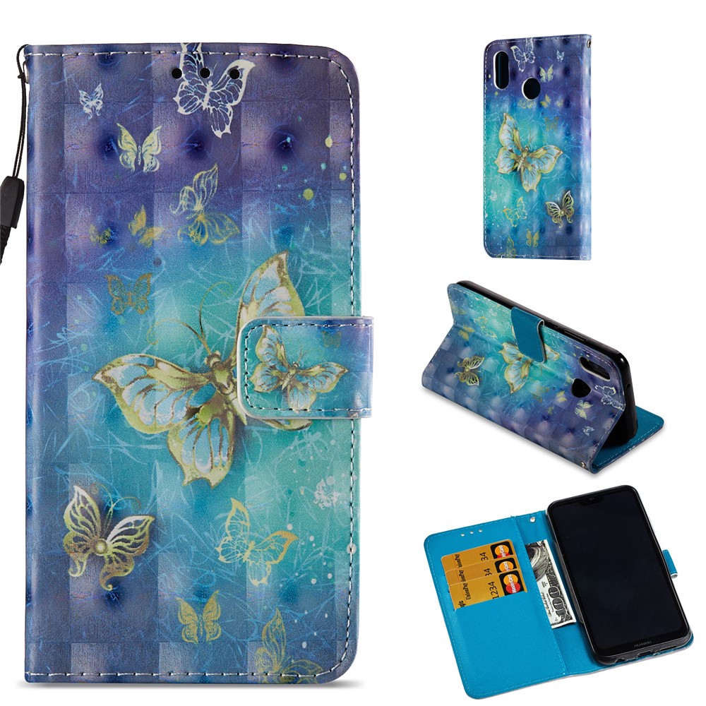For Huawei P20 Lite / Nova 3e (China) Pattern Printing Leather Stand Magnetic Casing Shell - Gold Butterflies-1