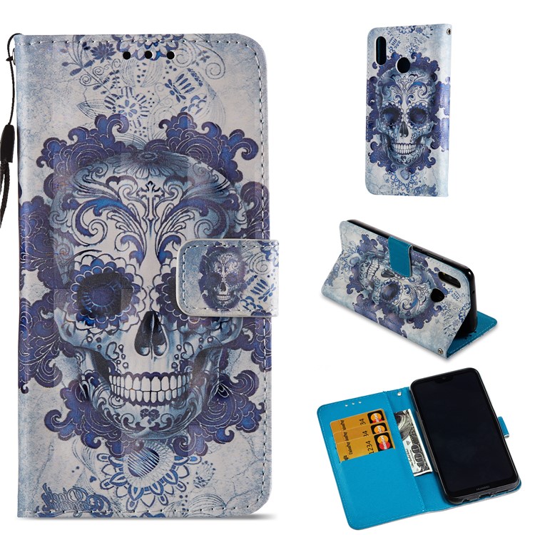 For Huawei P20 Lite / Nova 3e (China) Pattern Printing Leather Stand Magnetic Shell - Skull and Flower-1