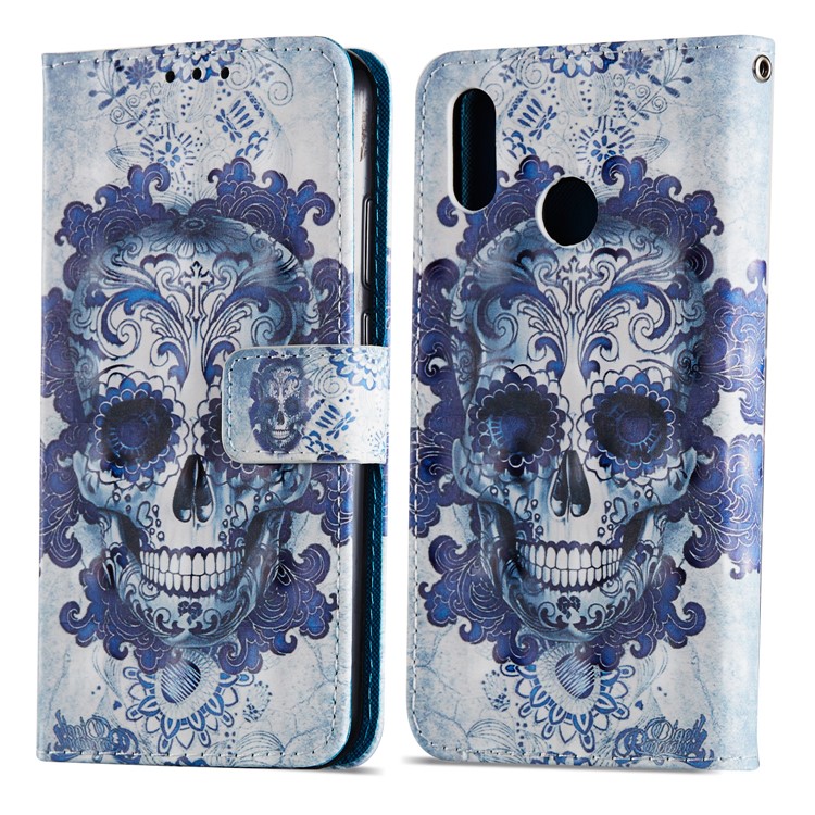 For Huawei P20 Lite / Nova 3e (China) Pattern Printing Leather Stand Magnetic Shell - Skull and Flower-7