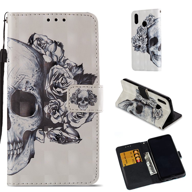 For Huawei P20 Lite / Nova 3e (China) Pattern Printing Leather Stand Magnetic Cellphone Cover - Skull and Roses-1