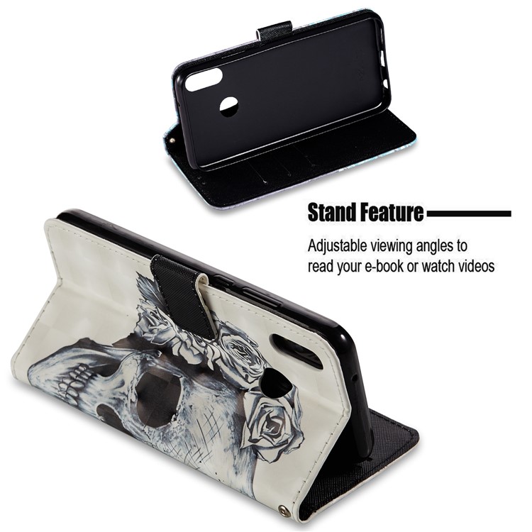 For Huawei P20 Lite / Nova 3e (China) Pattern Printing Leather Stand Magnetic Cellphone Cover - Skull and Roses-3