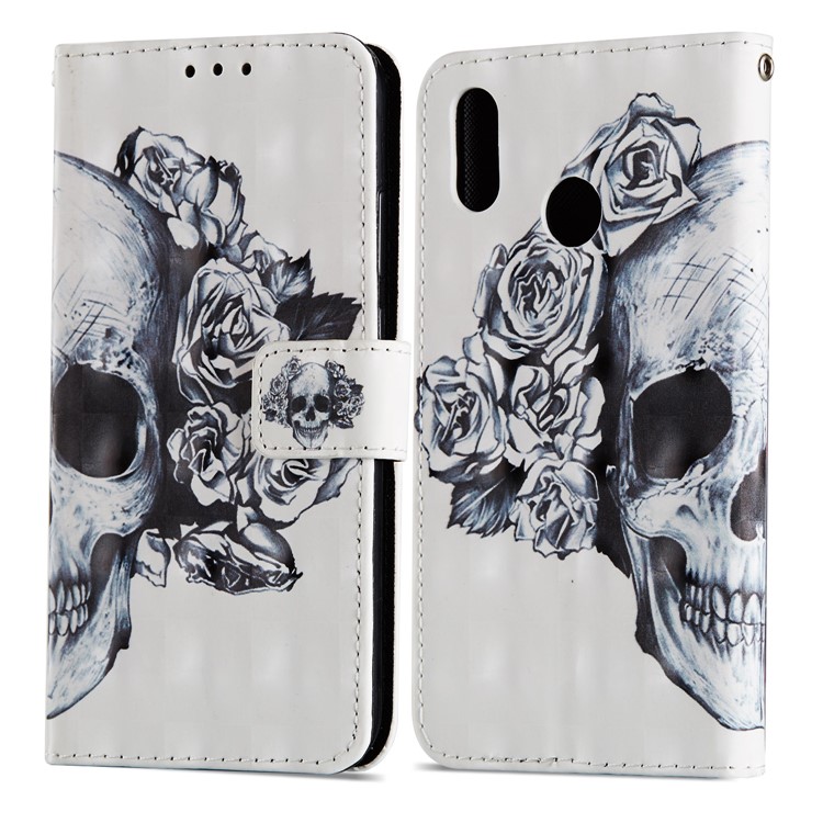 For Huawei P20 Lite / Nova 3e (China) Pattern Printing Leather Stand Magnetic Cellphone Cover - Skull and Roses-7