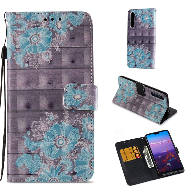 Pattern Printing Light Spot Decor Leather Stand Protective Mobile Phone Shell for Huawei P20 Pro - Blue Flower-1