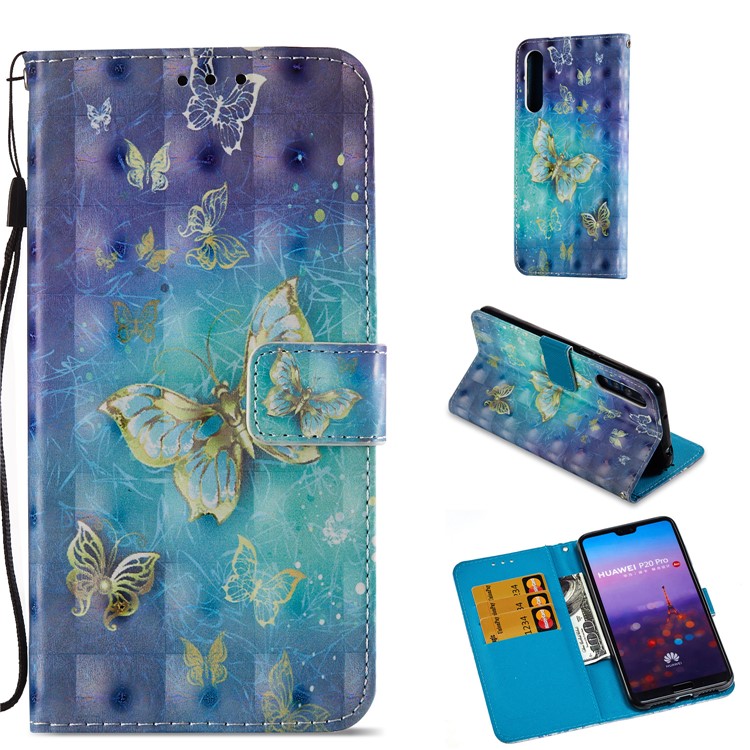 Pattern Printing Light Spot Decor Leather Stand Protective Mobile Phone Cover for Huawei P20 Pro - Gold and Blue Butterfly-1