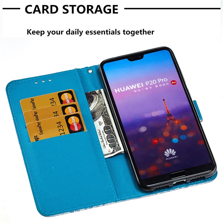 Pattern Printing Light Spot Decor Leather Stand Protective Mobile Phone Cover for Huawei P20 Pro - Gold and Blue Butterfly-9