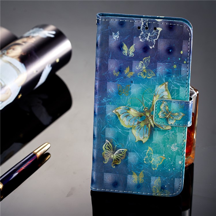 Pattern Printing Light Spot Decor Leather Stand Protective Mobile Phone Cover for Huawei P20 Pro - Gold and Blue Butterfly-13