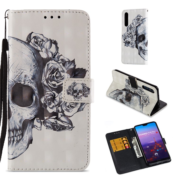 Pattern Printing Light Spot Decor Leather Stand Protective Shell for Huawei P20 Pro - Rose Skull-1