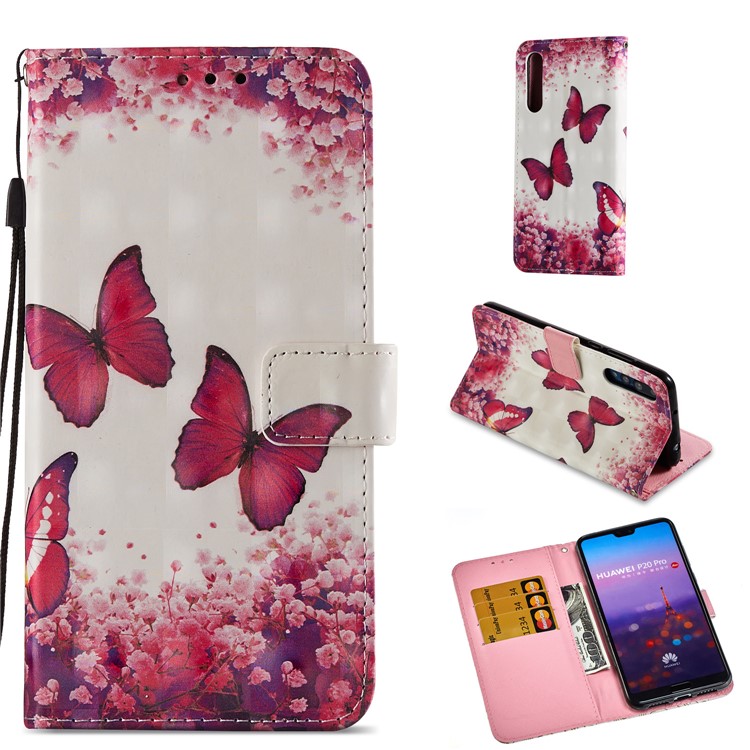 Pattern Printing Light Spot Decor Leather Magnetic Stand Protective Phone Shell for Huawei P20 Pro - Red Butterfly-1