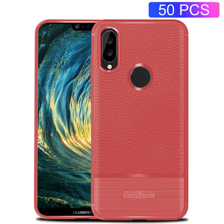 50PCS/Pack Litchi Texture Brushed TPU Mobile Phone Casing for Huawei P20 Lite / Nova 3e - Red-1