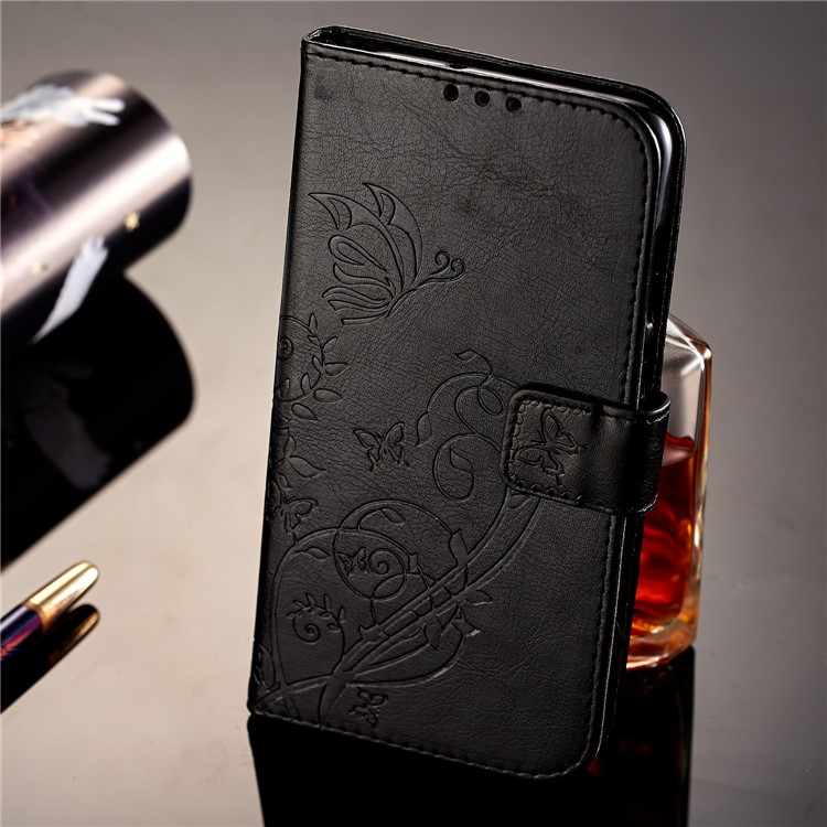Imprint Butterfly Plant Magnetic Wallet PU Leather Stand Shell for Huawei P Smart / Enjoy 7S - Black-7