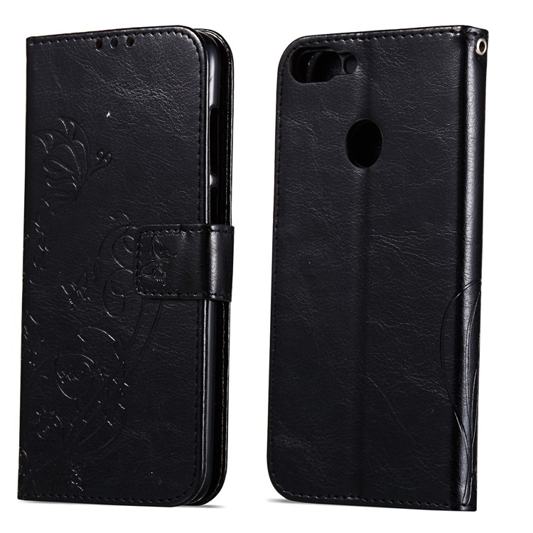 Imprint Butterfly Plant Magnetic Wallet PU Leather Stand Shell for Huawei P Smart / Enjoy 7S - Black-8