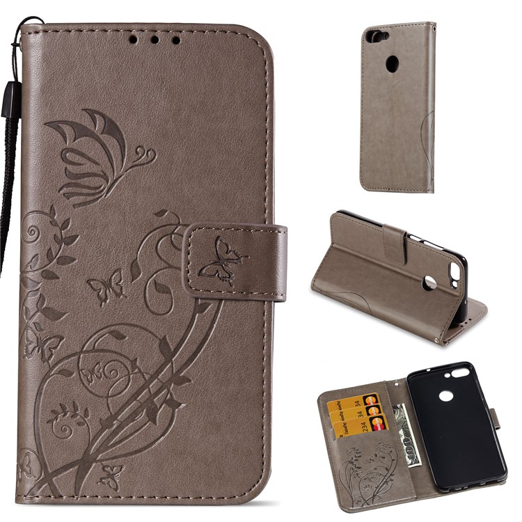 Imprint Butterfly Plant Magnetic Wallet PU Leather Stand Case for Huawei P Smart / Enjoy 7S - Grey-1
