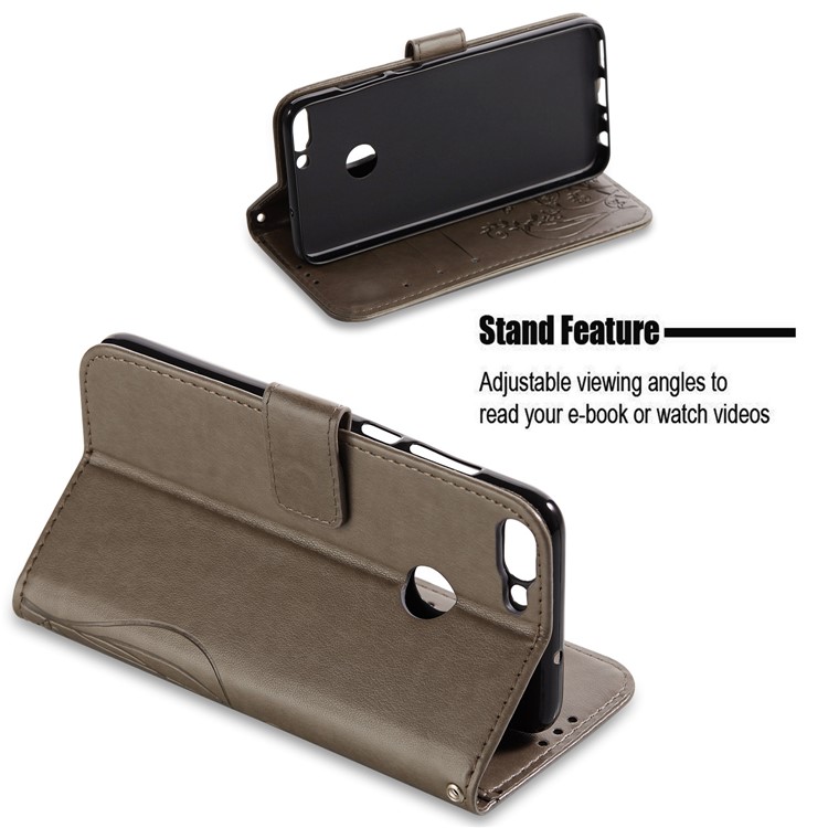 Imprint Butterfly Plant Magnetic Wallet PU Leather Stand Case for Huawei P Smart / Enjoy 7S - Grey-3