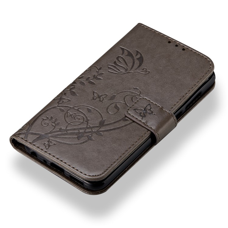 Imprint Butterfly Plant Magnetic Wallet PU Leather Stand Case for Huawei P Smart / Enjoy 7S - Grey-4