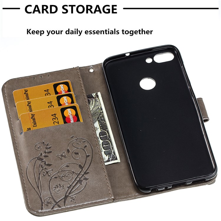 Imprint Butterfly Plant Magnetic Wallet PU Leather Stand Case for Huawei P Smart / Enjoy 7S - Grey-5