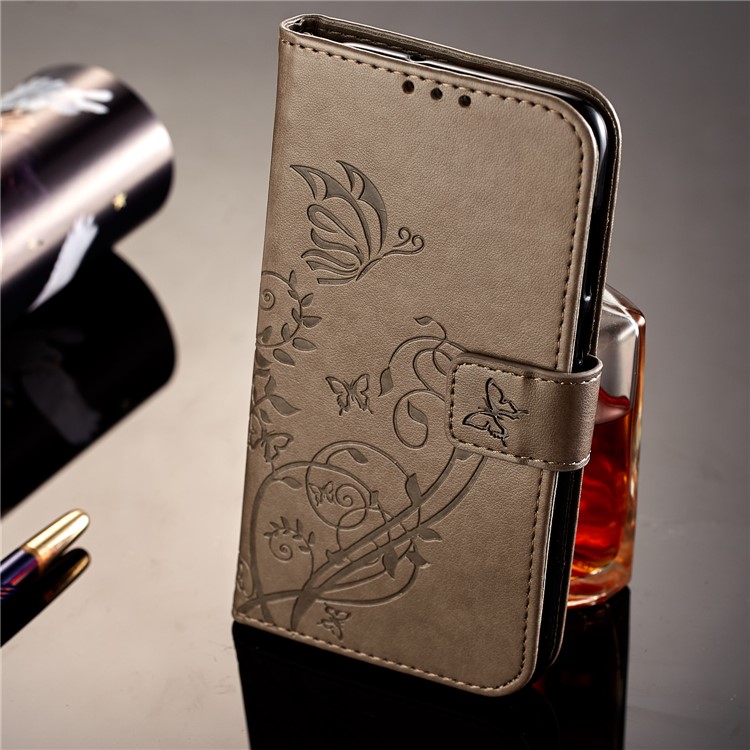 Imprint Butterfly Plant Magnetic Wallet PU Leather Stand Case for Huawei P Smart / Enjoy 7S - Grey-7