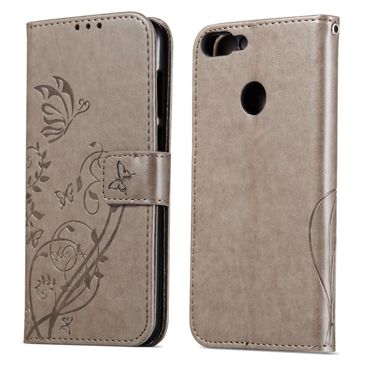 Imprint Butterfly Plant Magnetic Wallet PU Leather Stand Case for Huawei P Smart / Enjoy 7S - Grey-8