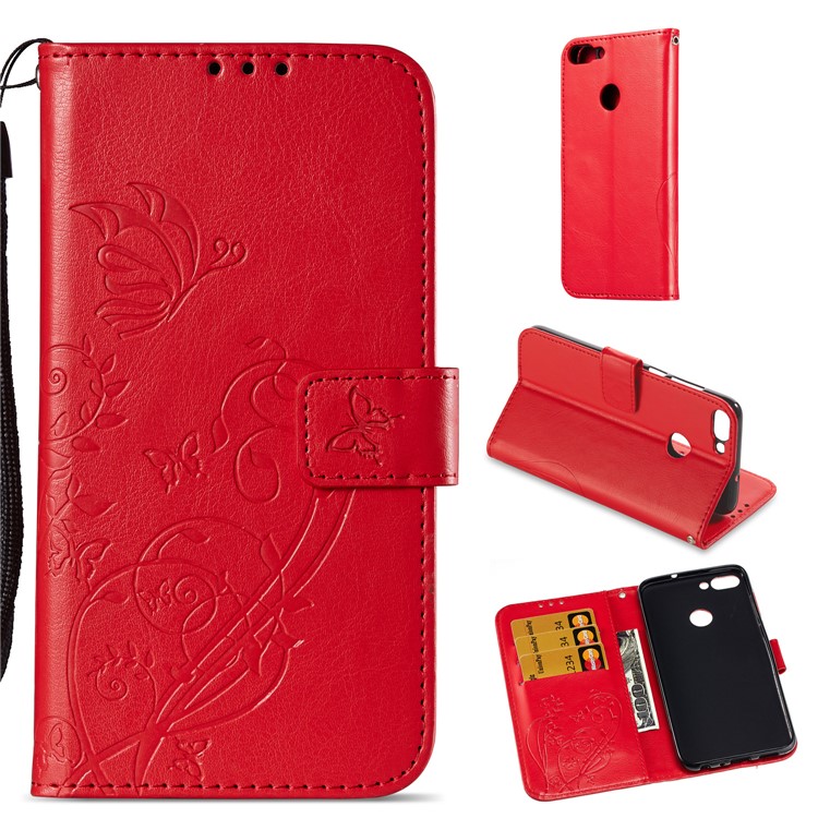 Imprint Butterfly Plant Magnetic Wallet PU Leather Stand Cover for Huawei P Smart / Enjoy 7S - Red-1