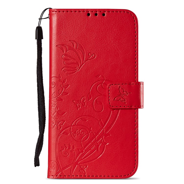 Imprint Butterfly Plant Magnetic Wallet PU Leather Stand Cover for Huawei P Smart / Enjoy 7S - Red-2