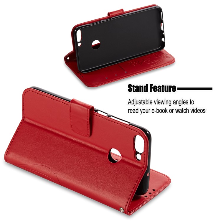 Imprint Butterfly Plant Magnetic Wallet PU Leather Stand Cover for Huawei P Smart / Enjoy 7S - Red-3