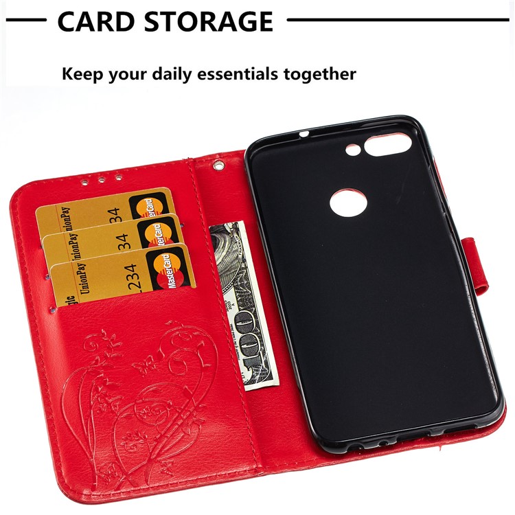 Imprint Butterfly Plant Magnetic Wallet PU Leather Stand Cover for Huawei P Smart / Enjoy 7S - Red-5